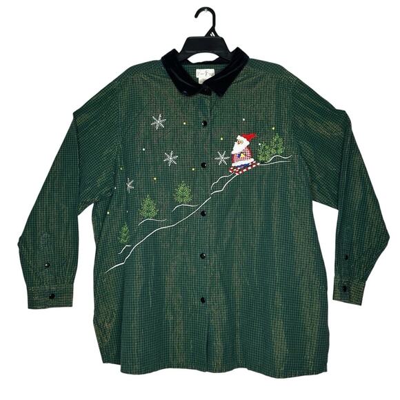 Bobbie Brooks Holiday Blouse Green Metallic Long Sleeve Velveteen Collar 26W/28W - Picture 1 of 11